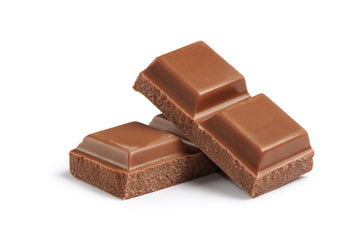 Two piece of milk chocolate against a white background.