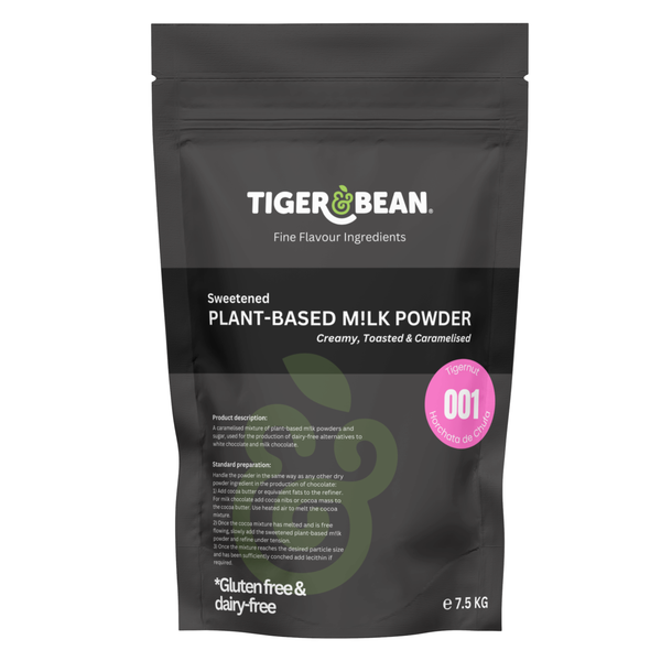 A black pouch of sweetened plant-based milk powder weighing 7.5kg. Packaging states it is gluten-free and dairy-free and is used in the production of dairy-free alternatives to milk chocolate and white chocolate. A pink sticker states that it is recipe number 001 made with horchata de chufa also known as sweetened tigernut milk.